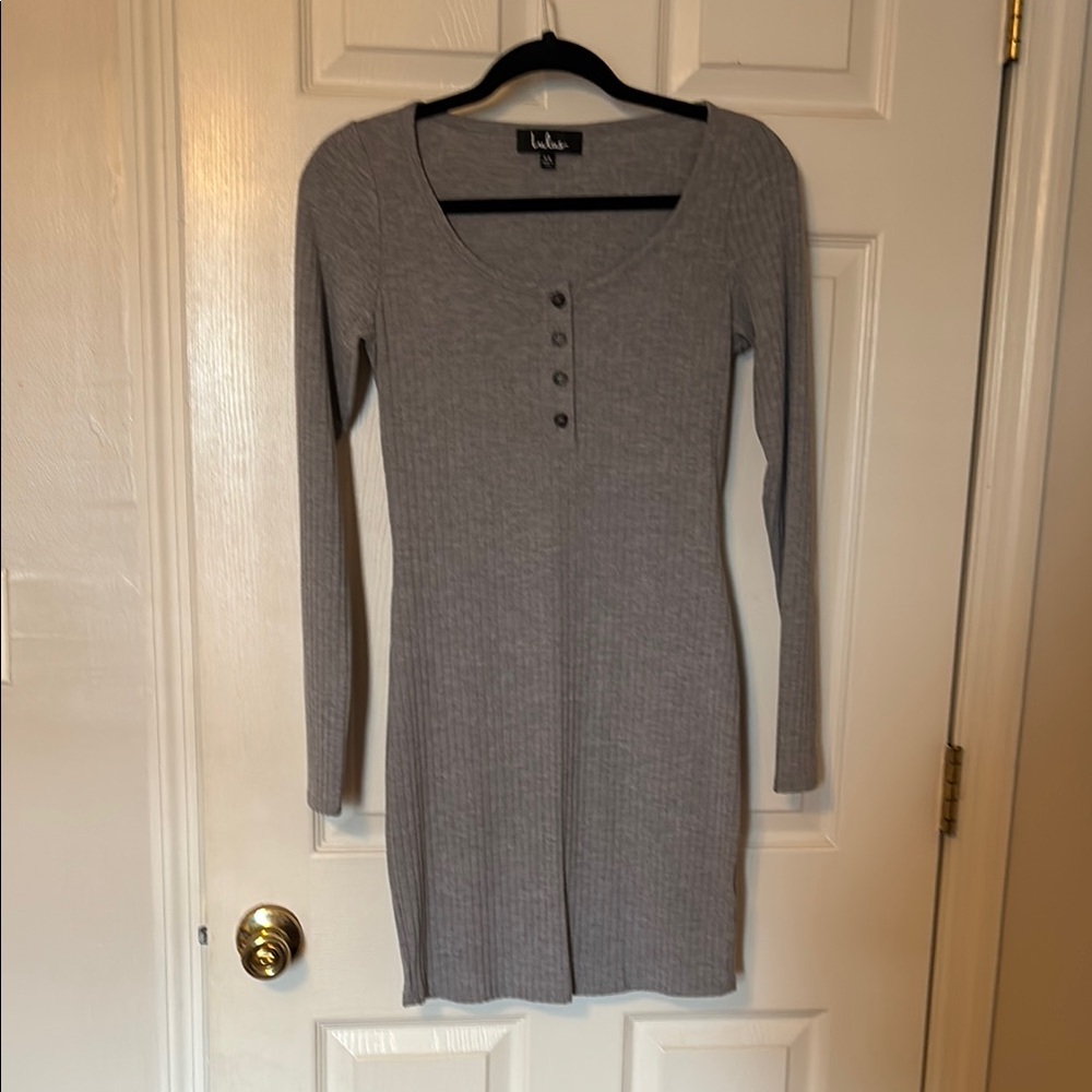 Lulu's Gray Ribbed Square Neck Sweater Dress